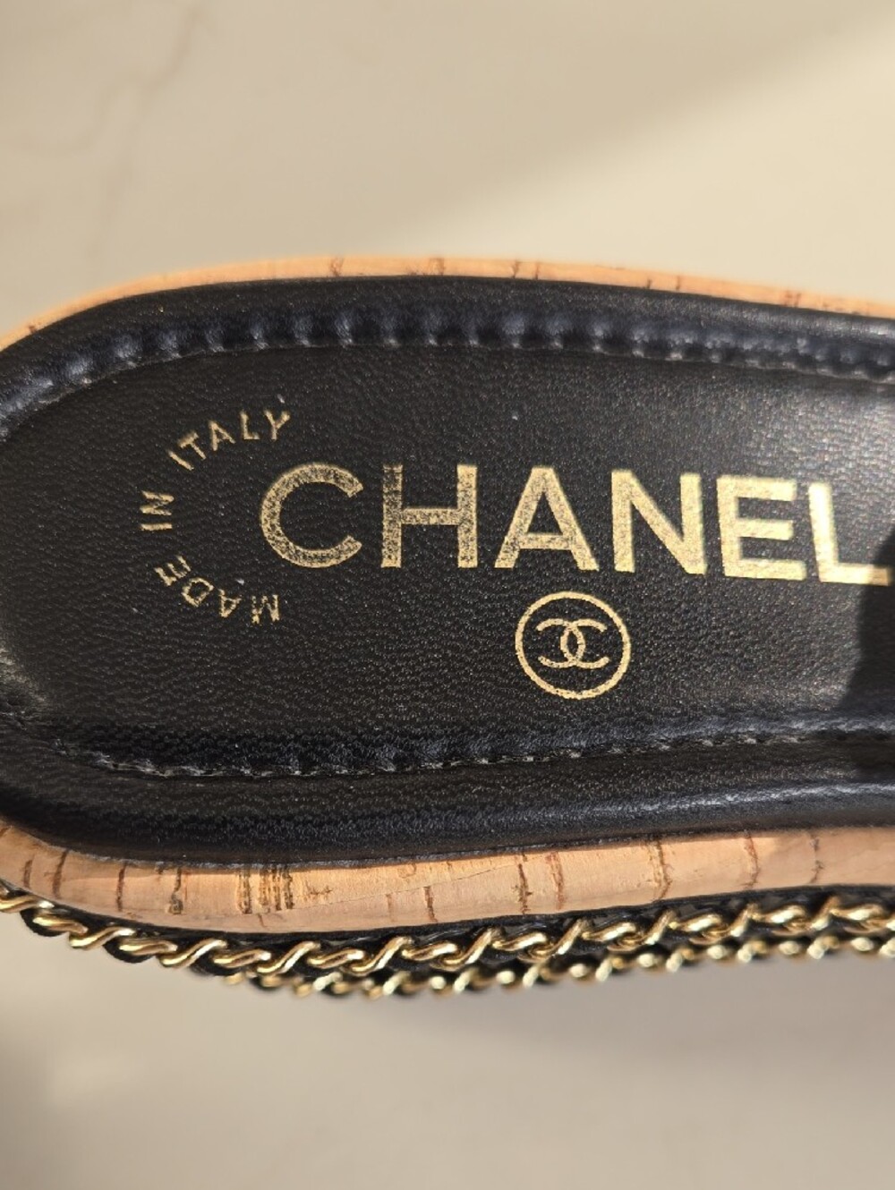 CHANEL Black Braided Leather Slide Mules with Gold Chain Trim - Picture 2 of 9
